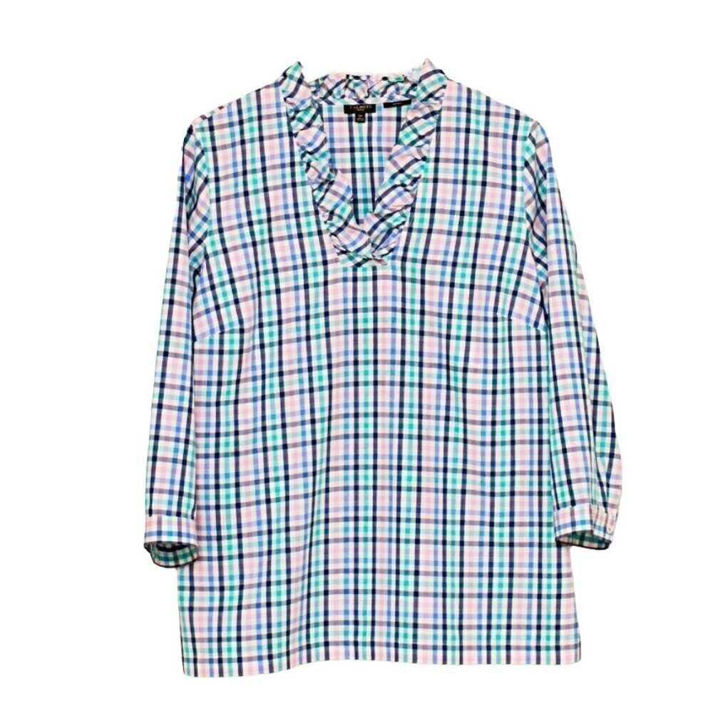 Talbots Plaid Cotton Ruffle Neckline Top
